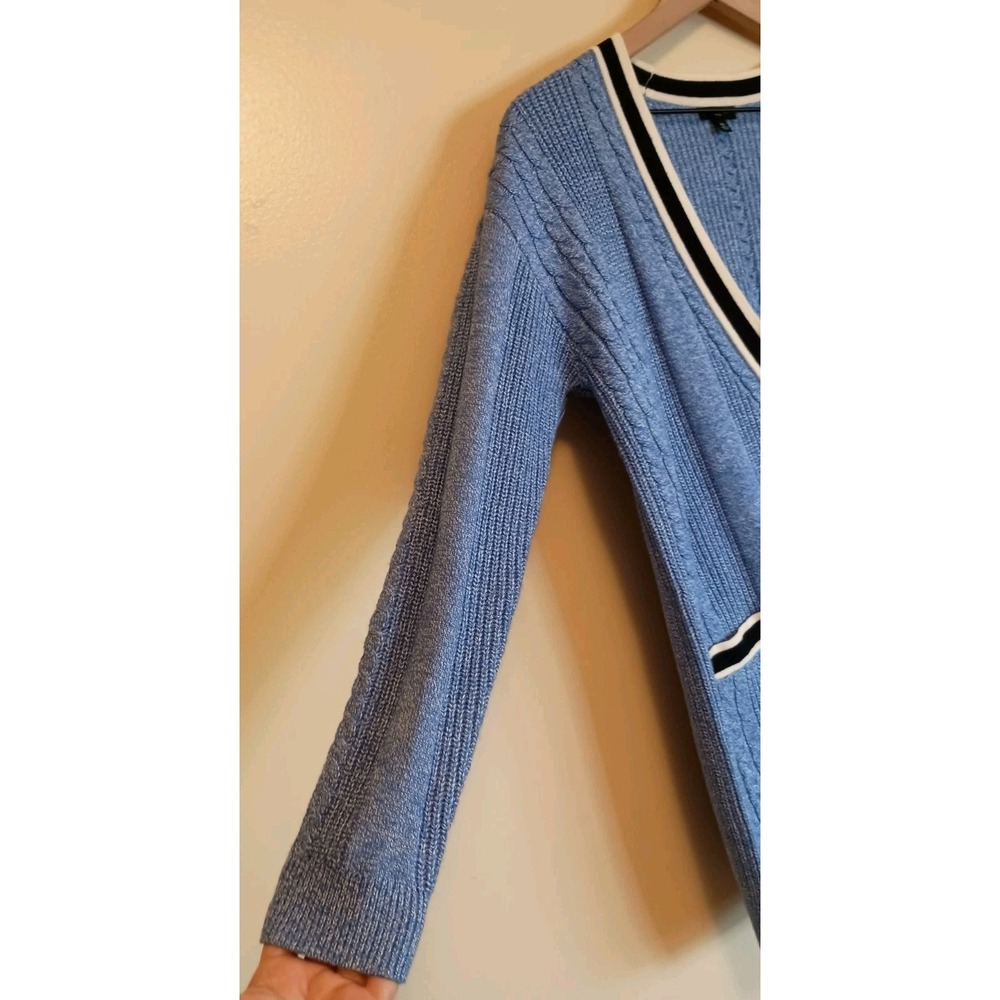 Talbots Petite MP Blue Cable Knit Cardigan Sweater Longline Contrast Trim Preppy - Picture 5 of 10